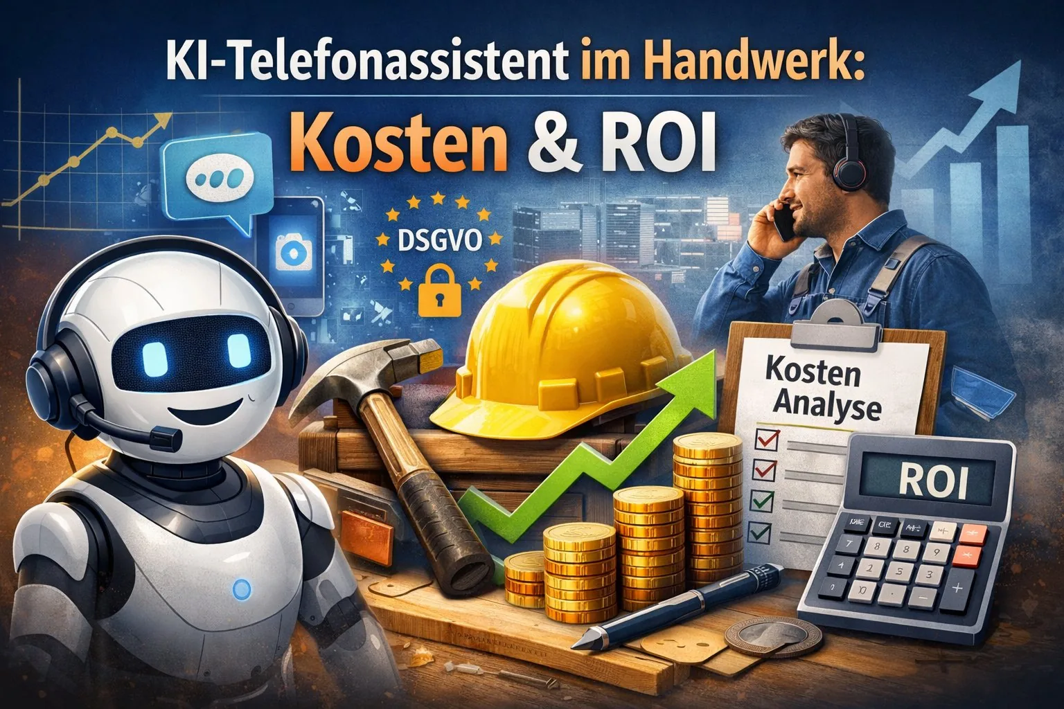 KI-Telefonassistent im Handwerk: Kosten & ROI – Übersichtsbild mit Roboter, Werkzeug, Kostenanalyse und ROI-Rechner