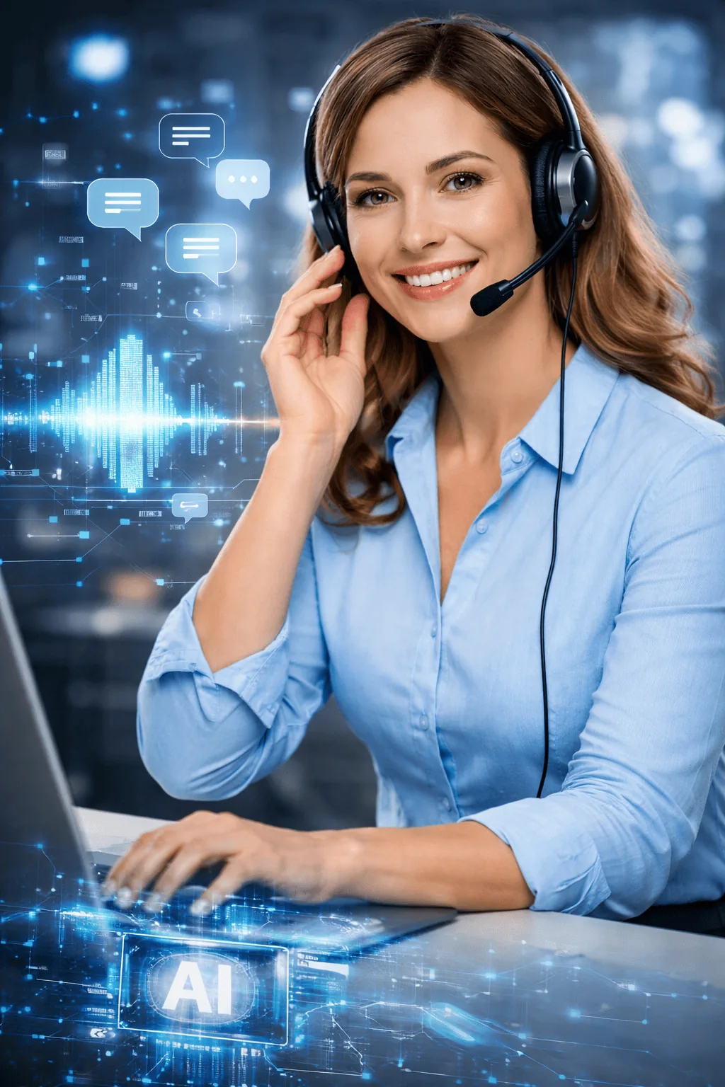 Freundliche lächelnde Telefondame als KI-Telefonassistentin